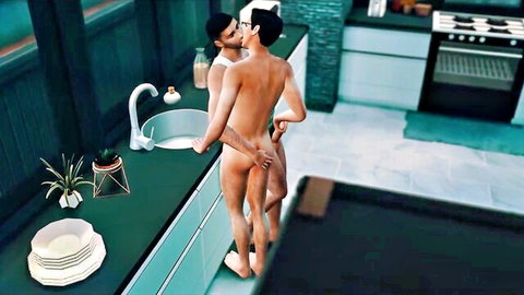 Sims 4 gay anal sex: muscular man pounded from behind at sink while doing dishes
