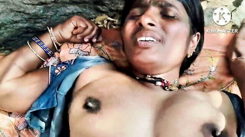Indian babe with huge bare tits and hard nipples moaning in ecstasy on jungle floor