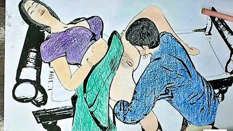 South Asian woman with exposed tits fucked doggy style by man from behind in amateur drawing