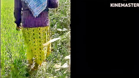 Indian woman lifts yellow polka-dot skirt exposing bare ass and pussy in outdoor farm field