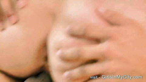 Close-up of kinky brunette secretary's big tits squeezed during hardcore fucking