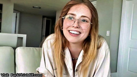 Lucy Foxx as tomboy best friend smiling in glasses, casual blonde look