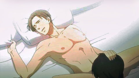 Anime yaoi scene: muscular brown-haired man nude on back, penetrated anally by black-haired partner