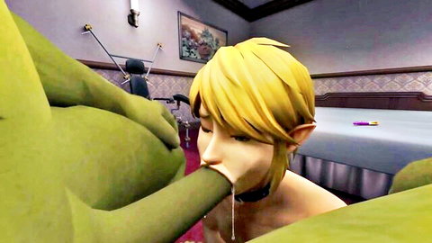 Blonde elf Link deepthroats massive green Shrek cock with drool dripping from collared mouth