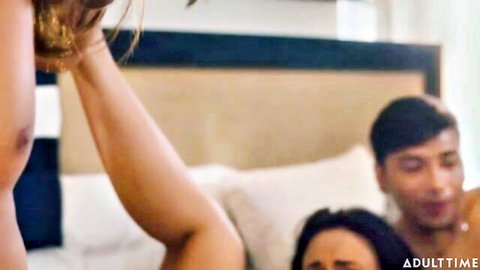 Ryan Keely and Penny Barber fucking two men with huge cocks on bed