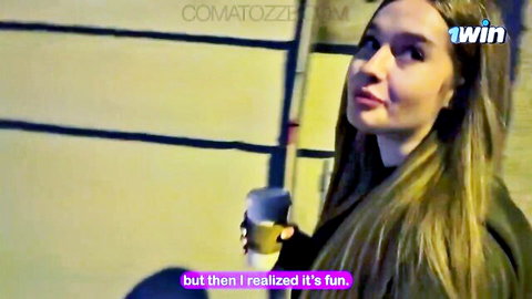 Comatozze smiling with coffee cup in amateur tease video