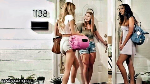 Three sexy girls in tiny shorts and crop tops teasing at front door with hot legs and asses