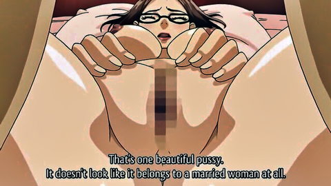 Hentai MILF with glasses spreads her beautiful shaved pussy on bed