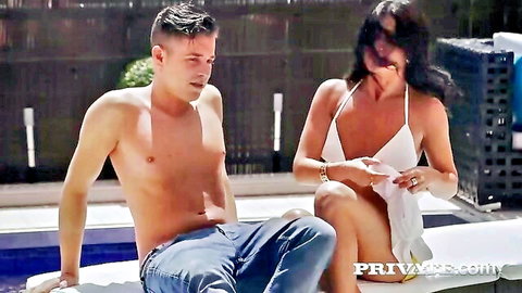Soraya Rico in white bikini seducing shirtless tourist by pool
