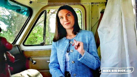 Trophy wife in blue tweed jacket tempted in car, ideal big tits