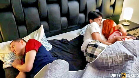 LilTimy redhead babe spooning with guy in bed threesome tease