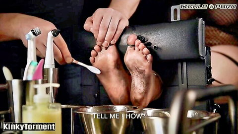 Dirty feet cleaned with toothbrush in intense tickling torment session