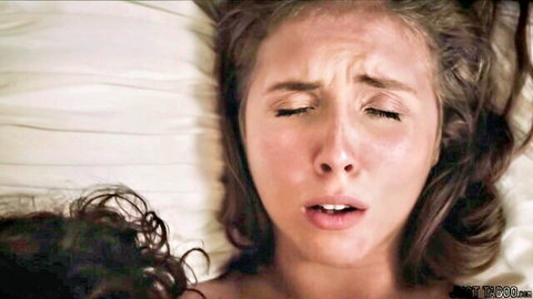 Lena Paul shocked face after creampie, surprised expression in bed