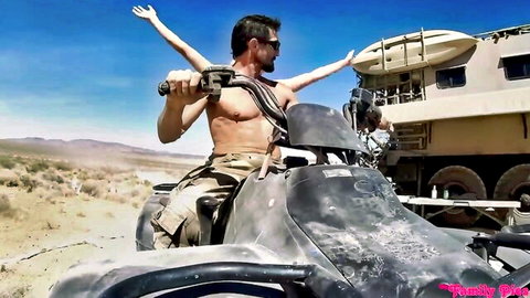 Emma Hix family play outdoor scene with shirtless muscular man on ATV in desert