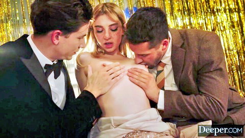 Petite blonde's small tits groped and sucked by two suited men in threesome