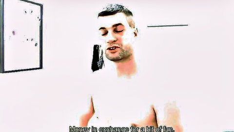 Sweaty shirtless man with open mouth ready for blowjob in money for fun sex exchange