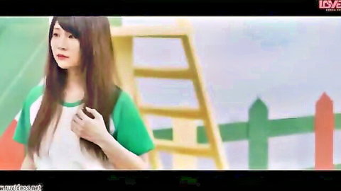 Asian woman in green tracksuit, long black hair, Squid Game parody outdoor scene