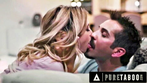 Angela White and Jane Wilde in passionate kiss with man, Pure Taboo scene
