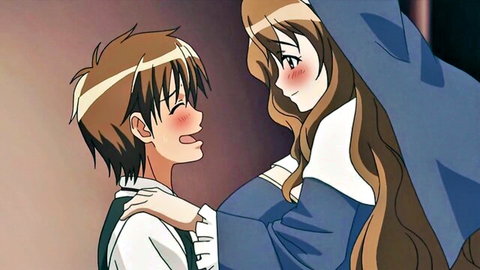 Busty anime nun with big ass embracing partner, blushing in intimate hentai scene