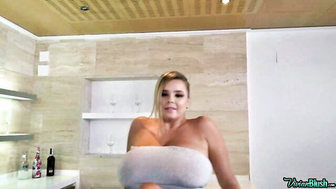 Vivian Redden blonde with massive tits teasing in white towel