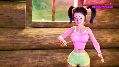Busty hentai babe with huge tits in tight pink crop top and green shorts posing seductively in cabin