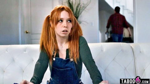 Shocked redhead teen in pigtails and denim overalls spots stepdad on stairs