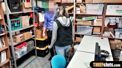 Chubby goth thief in hoodie caught and punished by corrupt cop in storage room