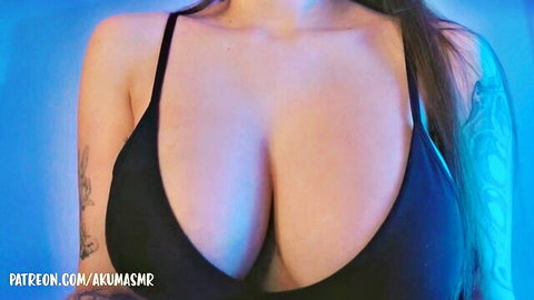 Akuma ASMR in black bra, teasing cleavage with tattoos, breast massage preview