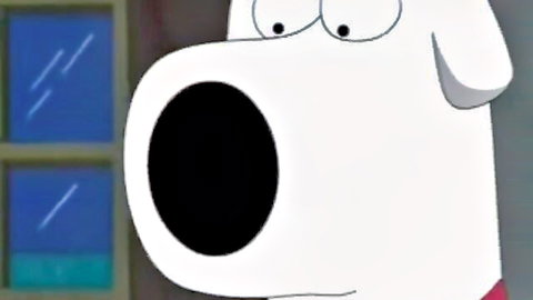 Cartoon dog Brian Griffin from Family Guy with wide open mouth in parody scene