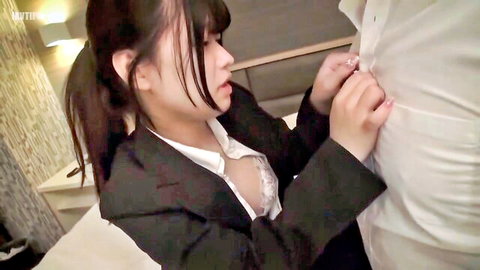 Cute plump Asian junior in blazer unbuttons man's shirt intimately
