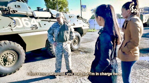 Army commander submits to teen and MILF foot worship in femdom outdoor scene