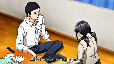 Busty anime teen in school uniform asks to move in with older man in hentai