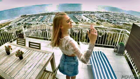 Nancy Ace, dreamy blonde in lace top and shorts, POV balcony selfie