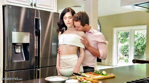 Pale 18yo in white top and skirt embraced intimately by man