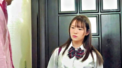 Japanese amateur teen schoolgirl in uniform at door, surprised expression