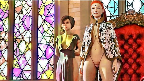 Queen rewards exotic redhead futa dancer in open coat exposing nude body and pussy