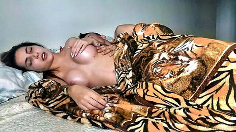 Melissa Lisboa topless in bed, waking to intimate morning spooning