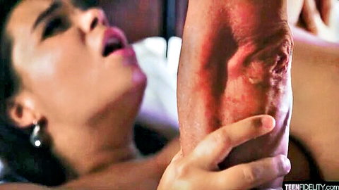 Sofia Lee round babe mouth open in intense neck grip post-cum fill