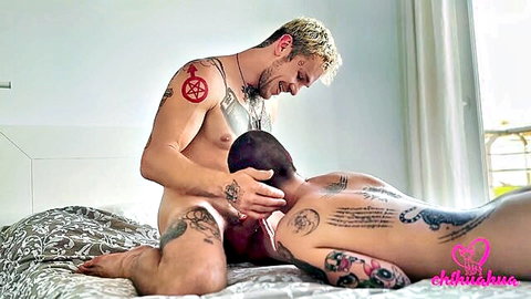 Tattooed Polish gay couple nude intimate sex on bed