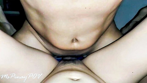 POV closeup of tight shaved pussy impaled on thick cock in cowgirl position
