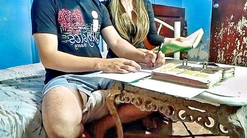 Pinay teacher with student studying, teasing cleavage in amateur setup