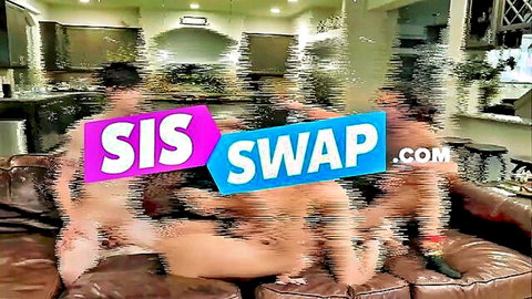 Blurry taboo sis swap orgy with nude bodies tangled on leather couch