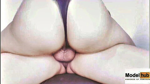 Thick pale ass cheeks spread wide exposing pink shaved pussy and tight anus with purple thong aside