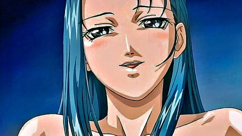 Seductive blue-haired anime woman from Bible Black Gaiden, flushed and topless