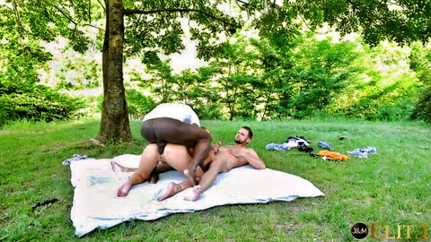 Ebony wife enjoys outdoor anal DP threesome with two men on picnic blanket