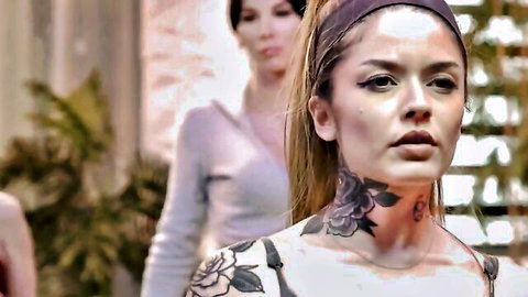 Jewelz Blu and Emma Rose in seductive yoga instructor poses, blonde with tattoos