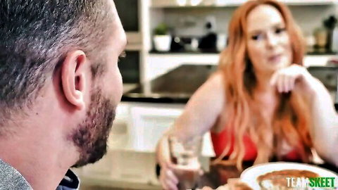 Lauren Phillips redhead MILF in low-cut top at dinner with man, Team Skeet