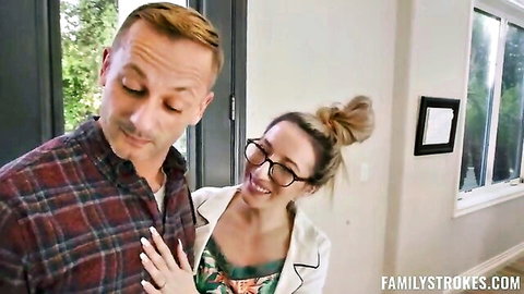 Holly Day in glasses seduces man in blouse and dress, touching chest