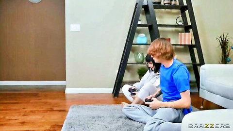 Jessie Lee Pierce and Codi Vore in casual gaming outfits with guy, Brazzers threesome tease