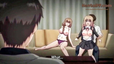 Ryuuji watches busty Rinka in panties and schoolgirl friend exposing tits on couch in hentai